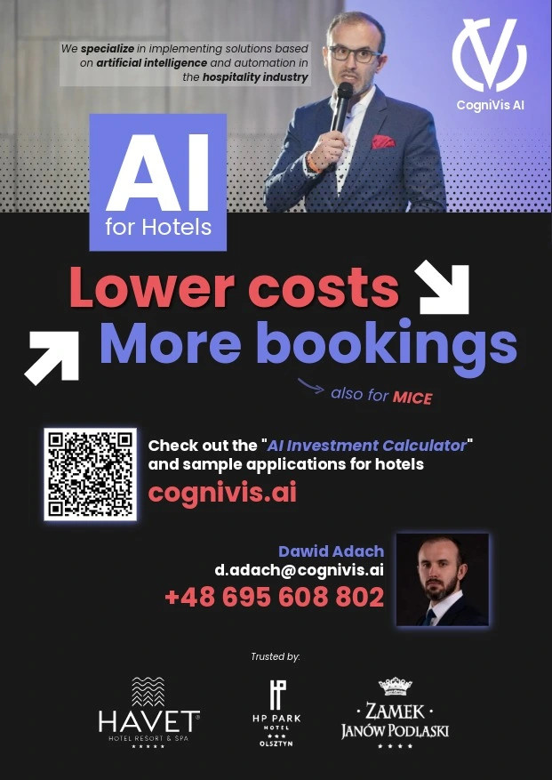 A one-page A4 flyer. Contains key contact information, a QR code leading to the CogniVis for Hotels page, and logos of key clients. Best suited for printing and distribution at reception or during industry events.