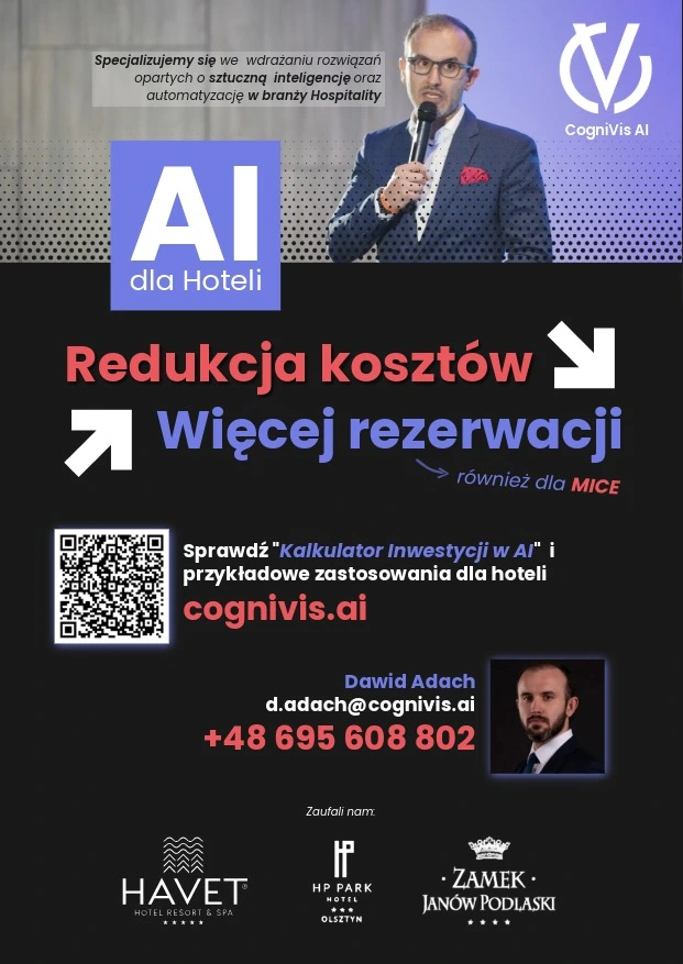 Jednostronicowa ulotka w formacie A4. Zawiera kluczowe informacje kontaktowe, kod QR prowadzący do strony CogniVis dla Hoteli oraz logotypy kluczowych klientów. Najlepiej nadaje się do druku i dystrybucji w recepcji lub podczas wydarzeń branżowych.